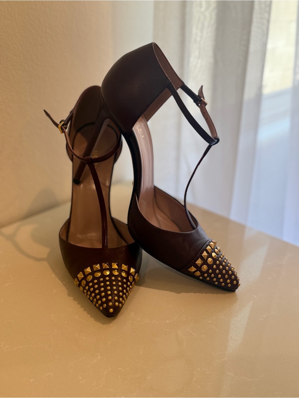 Gucci Brown T-Strap Pointed Heels with Gold Studs